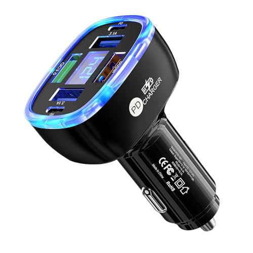 UnigilixMulti-Port Smart Car Charger with Digital Display Super/PD/3 USB Output Compact Fire-Proof PC Design Supports one Fast Charger