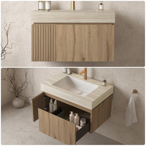 Image of 30 inch Bathroom Vanity with Sink, Wall-Mounted Plywood Bathroom Storage Cabinet with Ceramic Basin & Sintered Stone Countertop, Modern Pre-Assembled Floating Vanity with Drawer & Door, Oak