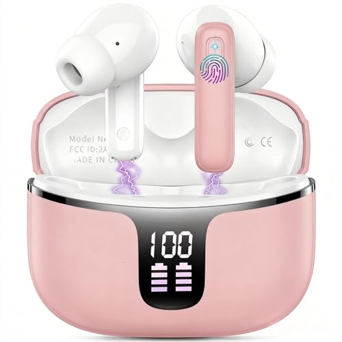 Ecouteurs Bluetooth sans Fil, Écouteurs Bluetooth 5.3 Oreillette Sport Casque HiFi Son avec 4 ENC Mic, 40H Durée de Lecture Écran LED, IP7 Étanche, Contrôle Tactile, Compatible Android and iOS, Pink