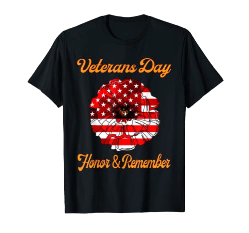 Veterans Day Tshirt Red Poppy Flower Bandiera USA 2021 Onore Maglietta