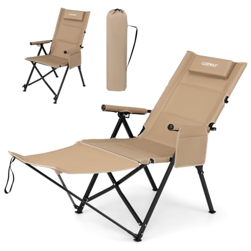 COSTWAY Campingstuhl mit Fußstütze, klappbarer Liegestuhl (Khaki)