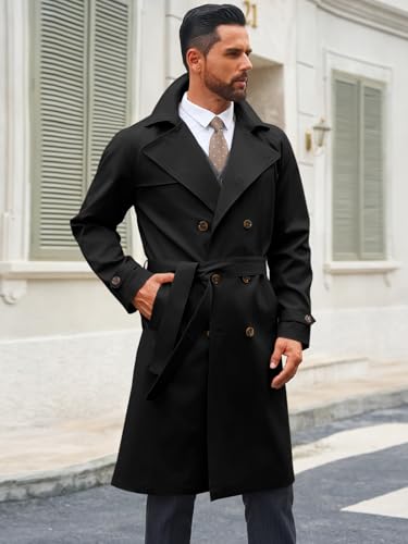 Runcati Mens Trench Coat Double Breasted Notched Lapel Casual Belted Windbreaker Fall Classic Long Jacket Overcoat3