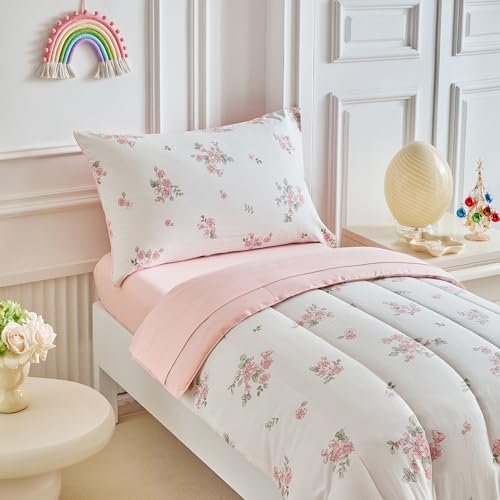 Image of Joyreap 4 Piece Toddler Bedding Set- Floral Pink n White Design, Microfiber Toddler Bedding Comforter Set for Girls