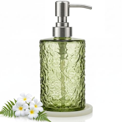 Glass Soap Dispenser with Stainless Steel Pump, 13oz Embossed Ripple Decorative Refillable Bottle for Bathroom Vanity, Kitchen Sink and Farmhouse Decor, Hand Soap & Dish Soap Dispenser (Green)