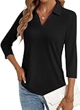 LYHIPSS Polo Shirts for Womens Business Casual Tops 3/4 Sleeve V Neck Ladies Dressy Work Blouses for Women Trendy Black XXL