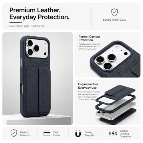 Image of amazon basics Luxury Vegan Leather Back Cover for iPhone 17 Pro Max | Built-in Card Holder Slot | Integrated Mobile Stand | Slim Shockproof Protective Case with Stitched Finish - Blue