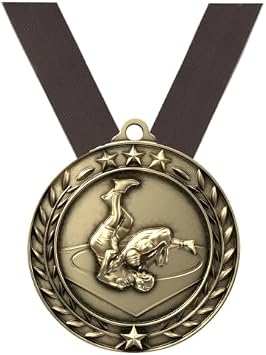 Decade Awards Wrestling Medal, Wreath - Gold | Engraved Wrestling Medal with Neckband Ribbon - 2.75 Inch Wide - Customize Now
