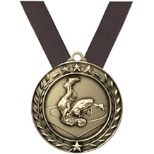 Decade Awards Wrestling Medal, Wreath - Gold | Engraved Wrestling Medal with Neckband Ribbon - 2.75 Inch Wide - Customize Now