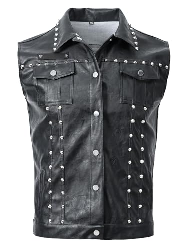 Idopy Herren Punk Nieten Kunstleder Weste Weste Ärmellose Jacke mit Nieten L