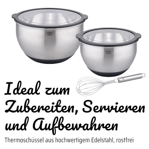 GSW Servierschüsselset Primo, Hochwertige Edelstahl Rühr- & Salatschüsseln mit Schneebesen, luftdichtem Deckel, Küchenschüssel & Servierschale, 20cm/24cm, Silber