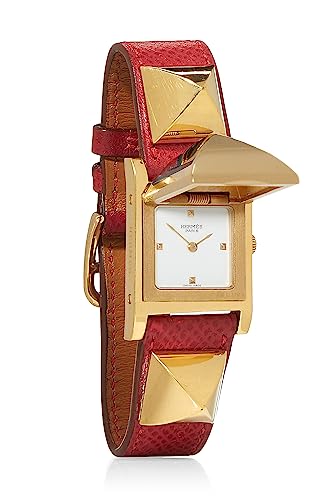 Pre-Loved Red Courchevel & Gold Medor Watch PM, Red2