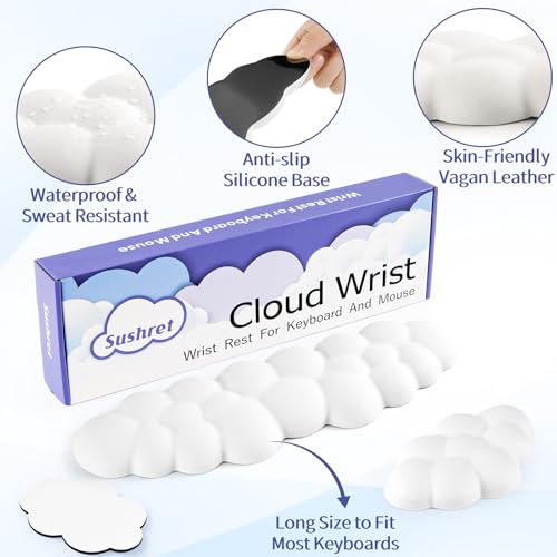 Image of Sushret Cloud Wrist Rest Keyboard, Cloud Keyboard Wrist Pad Set with PU Leather Memory Foam, Cute Arm Rest for Palm Support, PC /Gaming Desk Accessories /Office Setup /Computer Hand Cushion - White