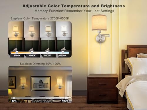 Image of Plug in Wall Sconces with Remote Control, Dimming & Adjustable Colors 2700K-6500K, Hardwire or Plug-in, Swing Arm Wall Lamp with Linen Fabric Shade, Wall Sconces Set of Two, Brushed Nickel Finish