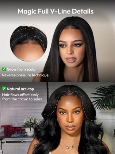 Image of KLAIYI EasiContour V Part Wig Human Hair Body Wave Glueless Upgrade U Part Wig No Leave Out No Gel Clip in Half Wig V Shape Pull and Go Beginner Friendly Ready to Wear Natural Black Color 150% 26Inch