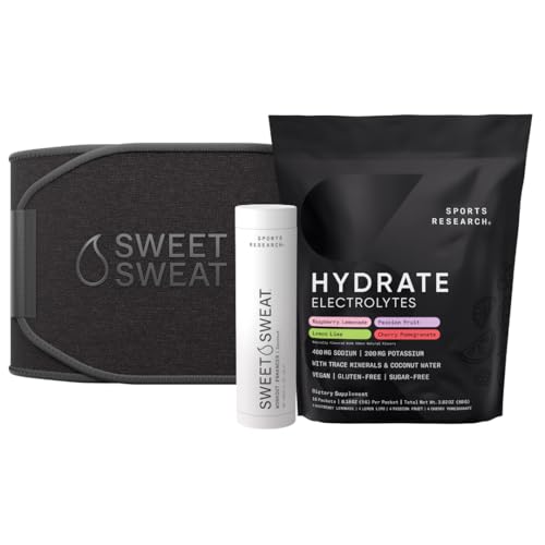 Sports Research® Sweet Sweat Waist Trimmer for Women and Men (Large Size - Matte Black), Sugar-Free Hydrate Electrolytes Powder (16x Variety Pack) and Workout Enhancer Roll-On Gel Stick (Coconut)