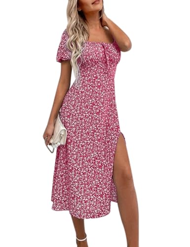 Image of SPRIME Women's Floral Summer Casual Dress Square Neck Puff Sleeve Boho Midi Dresses Ruched Bust High Waist Split Long Dress