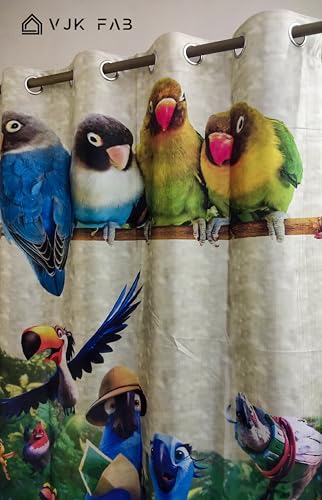 Image of 3D Printed Cartoon Birds Rio Move Theme Curtains for Kids Room, School, Kids Care Home, Window, Door 4x7 feet Long Set of 3 Pc