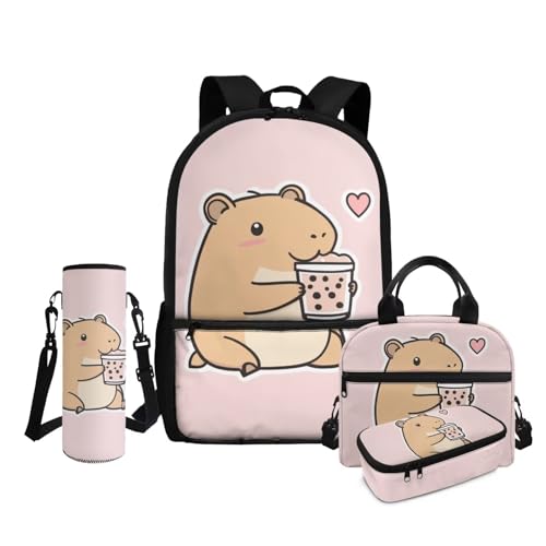 Cozeyat Milk Tea Capybara Backpack for Girls 4-in-1 Back to School Set Kindergarten to Elementary Backpack with Lunch Box & Pencil Case for Kids Age 6-8