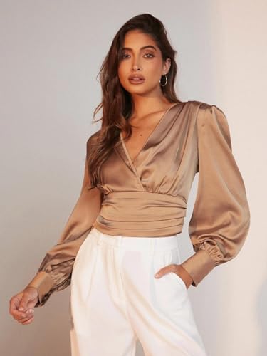 Image of KOTTY Womens Satin Full Sleeves Solid Regular Fit Top
