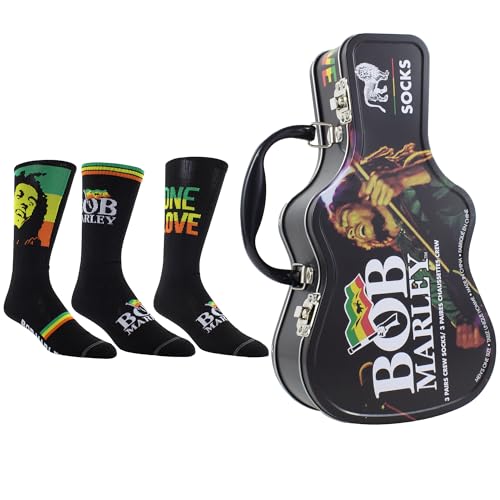 PERRIS SOCKS Bob Marley Guitar Tin Sock Box - Licensed Bob Marley Merchandise for Women and Men 3 Pairs of Printed Crew Socks Size 7-12 Breathable Fabric Unisex
