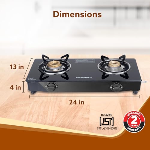 Image of AGARO Elite 2 Burners Gas Stove, Toughened Glass Top, Round Brass Burners, 1 Small & 1 Medium Size Burner, Spill Proof Fixed Drip Tray, Manual Ignition, Kitchen Use, Regular Cooking Use, Black