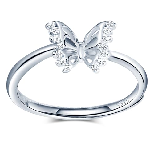 MICMIF Anillo de mariposa plata de ley 925 para mujer niña, con circonitas pequeñas, Anillo de banda fino 1.2-2mm, tamaño ajustable, romántico joyas anillo de plata para novia esposa mamá
