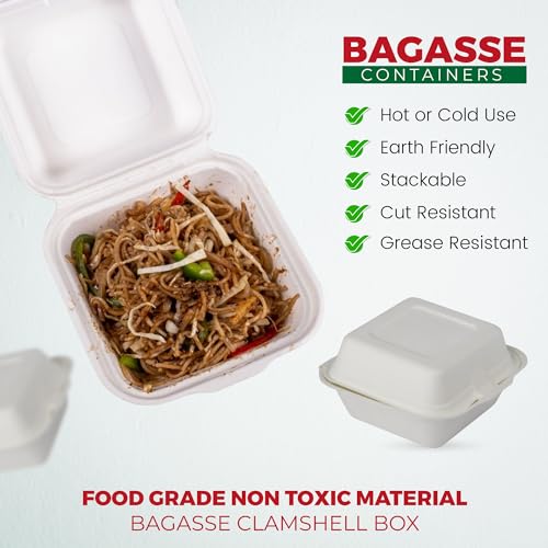CHEF ROYALE 6" Inches Bagasse Burger Box. Disposable White Bagasse Box for Burger.Biodegradable and Compostable Sugarcane Clamshell Takeaway Box. (10) - Image 4