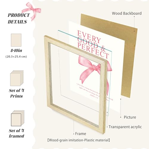 Image of LARTSFRO Coquette Pink Bow Wall Art Decor Posters, Pink Bow Room Bedroom Bathroom Dorm Wall Art Decor Aesthetic for College Teen Girls Gifts, Inspirational Bible Verses Bow Wall Decor, 10x8 Inch Set of 4 Pcs Bow Pictures (WOOD-GRAIN FRAMED)