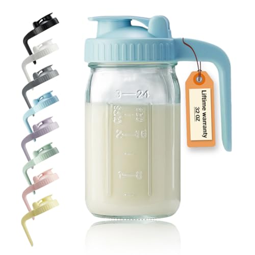 Image of 32oz Glass Pitcher with Lid & V-shaped Pour Spout - 1 Quart Breastmilk Pitcher Double Leak Proof, Creamer Container for Sun Tea, Juice, Cold Brew Coffee, Breastmilk Storage Container