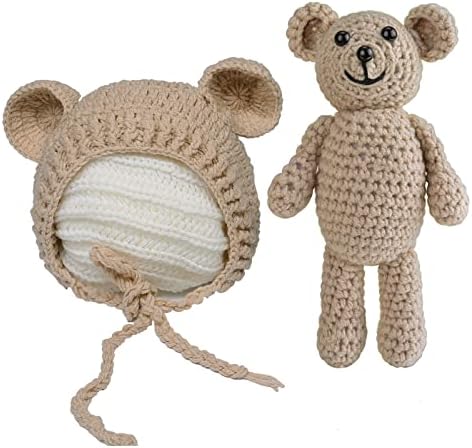 ISOCUTE Newborn Photography Outfits Baby Photoshoot Props Boy Girl Hat Bear Infant First Picture Photo Gift Box Khaki