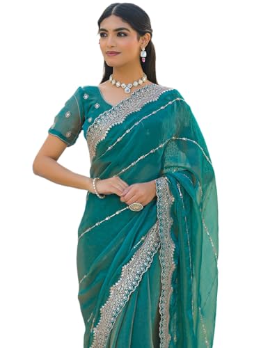 Image of Satrani Women's Shimmer Chiffon Scalloped Border Sequins Embroidery Saree with Unstitched Blouse Piece