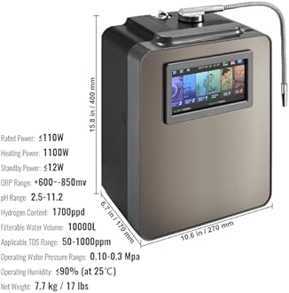 VEVOR Alkaline Water Ionizer Machine, pH 2.5-11.2 Alkaline Acidic Hydrogen Water Purifier, 6 Water Settings Home Filtration System, Up to -850mV ORP, 10000L Per Filter, UV Function, Water Heating