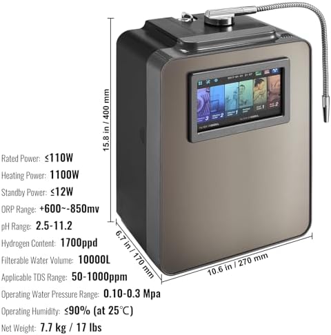 VEVOR Alkaline Water Ionizer Machine, pH 2.5-11.2 Alkaline Acidic Hydrogen Water Purifier, 6 Water Settings Home Filtration System, Up to -850mV ORP, 10000L Per Filter, UV Function, Water Heating