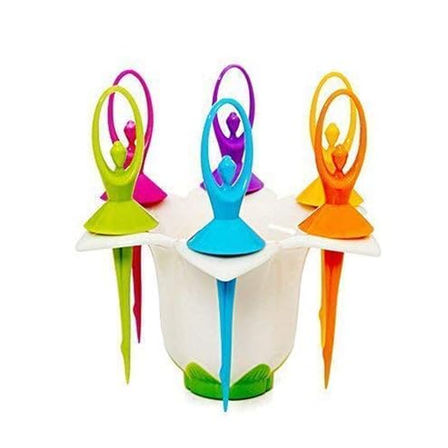 Image of Dancing Doll Fruit Fork Cutlery Set with Stand, Multicolor | Fun & Practical | Reusable & Easy to Use | Pack of 6