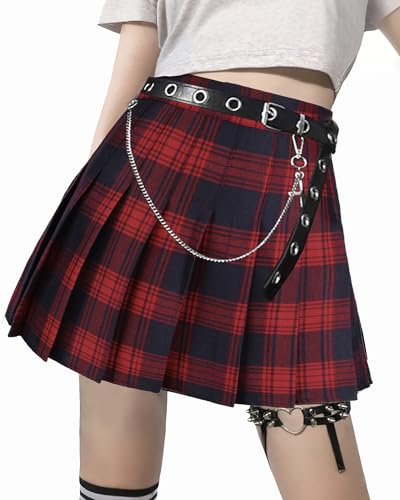 AULKEEP Womens Goth Black Mini Skirt with Belt Punk High Waist Plaid Skirts for Women for Streetwear