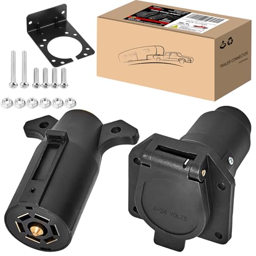 CXTM 7 Way Round RV Trailer Blade Wiring Harness Connector with Mounting Bracket, Trailer Side 7 Pin Adapter Plug+Vehicle Side 7 Way Blade Trailer Wiring Harness Connector for RV Boat