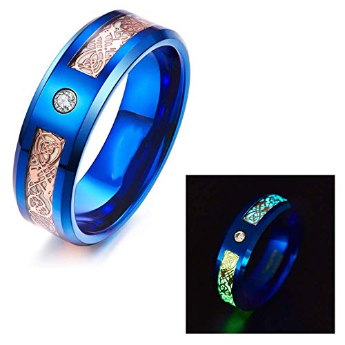 Image of 8mm Glow in The Dark Dragon Ring Royal Blue Stainless Steel Wedding Band Celtic Dragons Aurora Luminous Ring