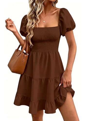 Image of Wenrine Womens Puff Sleeve Babydoll Dress Summer Floral Square Neck Smocked Casual Off Shoulder Ruffle Boho Mini Dresses