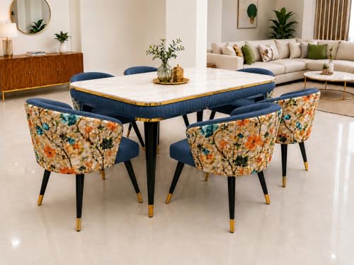Image of WOODEN SPACE 6-Seater Wooden Dining Table Set | Nano Composite Marble Top | Solid Wood Base | Modern Dining Room Furniture with 6 Chairs (Blue Printed)