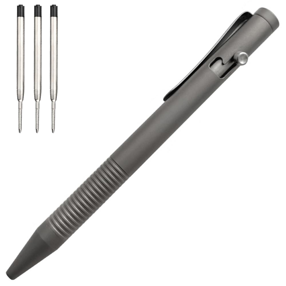 Cool Hand 4.8'' Titanium Alloy Bolt Action Pen, Ballpoint Ink Refillable, Stainless Steel Pocket Clip EDC Business Collection Stylus, with 3 Refills,