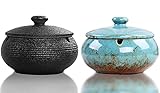 Ashtray, 2-piece ceramic ashtray, household ashtray, handmade, windproof, with lid, indoor, outdoor,...
