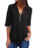 Remikstyt Women's Short Sleeve Blouse Zip V-Neck Solid Tee Shirts Work Tunic Casual Summer Tops Blac