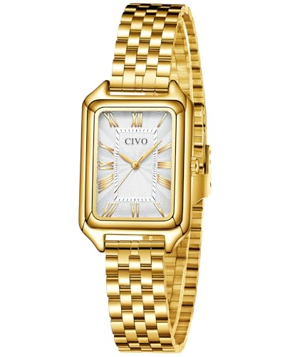CIVO Montre Doree Femme Vintage: Rectangulaire Analogique Montre Bracelet Acier Inoxydable - Cadeau pour Femme Personnalisé Tendance