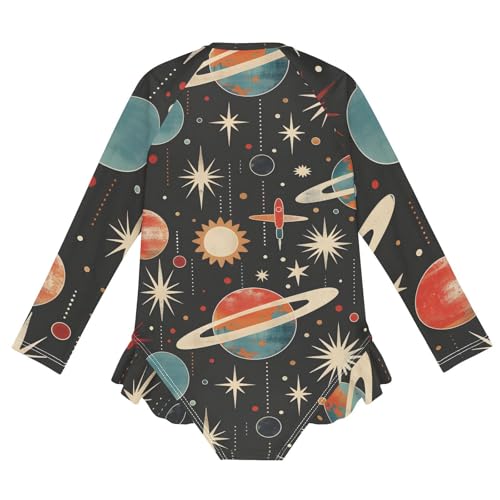 Girls One Piece Swimsuits Long Sleeve Swimsuit Zipper Bathing Suits Retro Planets Rockets Space2