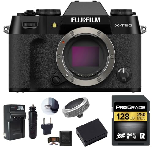 FUJIFILM X-T50 Mirrorless Camera Body Bundle, Includes: ProGrade Digital 128GB UHS-II SDXC Memory Card, Spare Battery and More (6 Items) (Black)
