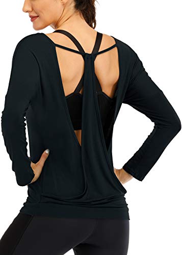 ICTIVE Long Sleeve Workout Shirts for Women Loose fit Yoga Shirts for Women Backless V Neck Running Shirts Women Gym Shirts Open Back Casual Long Sleeve Shirts for Women Workout Tops Black XXL