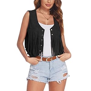 HOTOUCH Fringe Vest Women Faux Suede Open-Front Vintage Vest Sleeveless 70s Hippie Clothes Boho Western Jacket