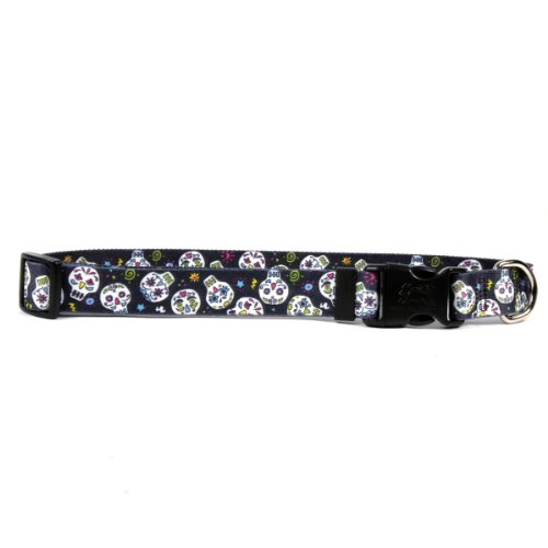 Yellow Dog Design Sugar Skulls Black Dog Collar with Tag-A-Long ID Tag System-Medium-1