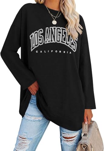 Ebifin Oversize Langarmshirt Damen Longshirt Rundhalsausschnitt Los Angeles Oberteil Langarm T Shirts Pullover Basic Tunika Tee Tops.Schwarz.XXL
