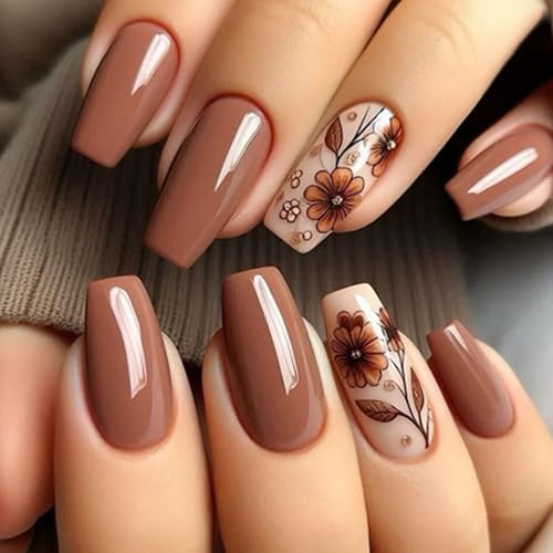 Medium Press On Brown Glossy Glue On Nails - 24Pcs Winter Fall Acrylic...